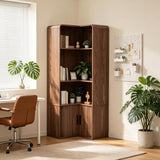 Walnut L Shaped Corner Bookshelf Tall Large Capacity Storage Rack