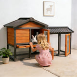 Indoor Rabbit Hutch 2-Tier Bunny Cage & Chicken Coop, Wooden Small Animal House with Waterproof Roof, Pull-Out Tray & Ramp