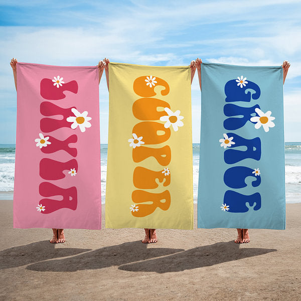 Personalized Super Absorbent Quick Dry Daisy Flower Beach Towel with Name Multicolor Available Vacation Party Gift for Her