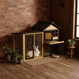 Rabbit Hutch Bunny Cage Indoor Outdoor, 2-Story Wooden Chicken Coop with Wire Run, Waterproof Roof, Pull Out Tray and Anti-Slip Ramp