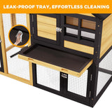 Rabbit Hutch Bunny Cage Indoor Outdoor, 2-Story Wooden Chicken Coop with Wire Run, Waterproof Roof, Pull Out Tray and Anti-Slip Ramp