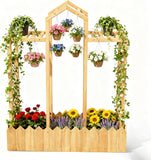 Garden Bed with Arch Trellis, Wood Planter Box with Hanging Roof, Garden Bed for Outdoor Climbing Plants Vines Patio