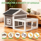 Small Rabbit Hutch with Run, Outdoor Wooden Small Animal Cage with 2-Zone Design & Waterproof Roof for Bunny, Chicken, Quail, Guinea Pigs