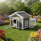 Small Rabbit Hutch with Run, Outdoor Wooden Small Animal Cage with 2-Zone Design & Waterproof Roof for Bunny, Chicken, Quail, Guinea Pigs