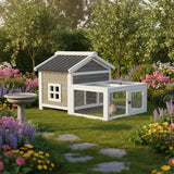 Small Rabbit Hutch with Run, Outdoor Wooden Small Animal Cage with 2-Zone Design & Waterproof Roof for Bunny, Chicken, Quail, Guinea Pigs