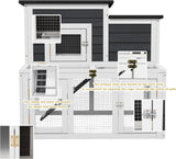 Indoor Bunny Cage 2-Tier Rabbit Hutch & Chicken Coop with Wire Run, Wooden Poultry House with Pull-Out Tray, Waterproof Rabbit Hutch for Outside (White & Black)