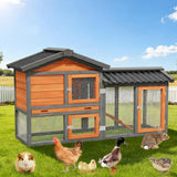 Indoor Rabbit Hutch 2-Tier Bunny Cage & Chicken Coop, Wooden Small Animal House with Waterproof Roof, Pull-Out Tray & Ramp