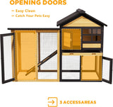 Rabbit Hutch Bunny Cage Indoor Outdoor, 2-Story Wooden Chicken Coop with Wire Run, Waterproof Roof, Pull Out Tray and Anti-Slip Ramp