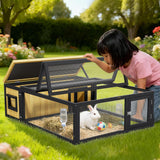 Wooden Rabbit Hutch with Waterproof Roof Openable Top Outdoor/Indoor Bunny Cage, Expandable Playpen for Chicken, Quail, Guinea Pigs (Yellow)