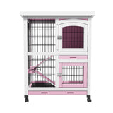 Rabbit Hutch with Wheels & Pull-Out Tray - Wooden Bunny Guinea Pig House