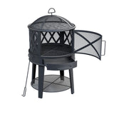 Wood Burning Fire Pit & BBQ Grill with Cover & Poker - Outdoor for Patio 2-in-1