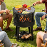 Wood Burning Fire Pit & BBQ Grill with Cover & Poker - Outdoor for Patio 2-in-1