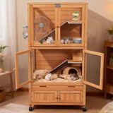 Natural Wooden Hamster Cage - Rolling Habitat with Storage Shelf & Hideouts