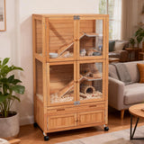 Natural Wooden Hamster Cage - Rolling Habitat with Storage Shelf & Hideouts