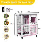 Rabbit Hutch with Wheels & Pull-Out Tray - Wooden Bunny Guinea Pig House