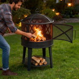 Wood Burning Fire Pit & BBQ Grill with Cover & Poker - Outdoor for Patio 2-in-1