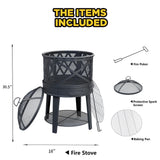 Wood Burning Fire Pit & BBQ Grill with Cover & Poker - Outdoor for Patio 2-in-1