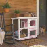 Rabbit Hutch with Wheels & Pull-Out Tray - Wooden Bunny Guinea Pig House